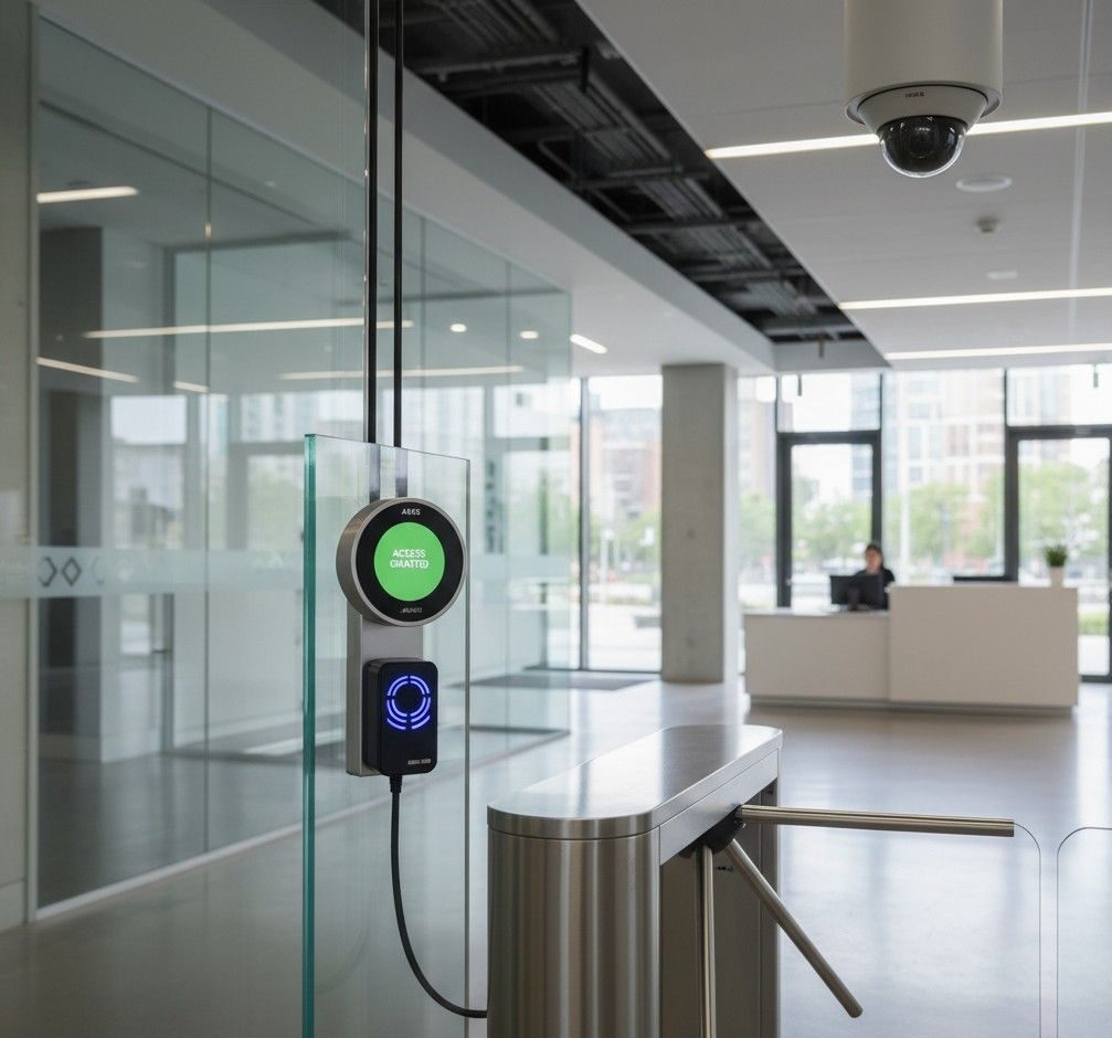 Axis access control reader at a commercial entrance