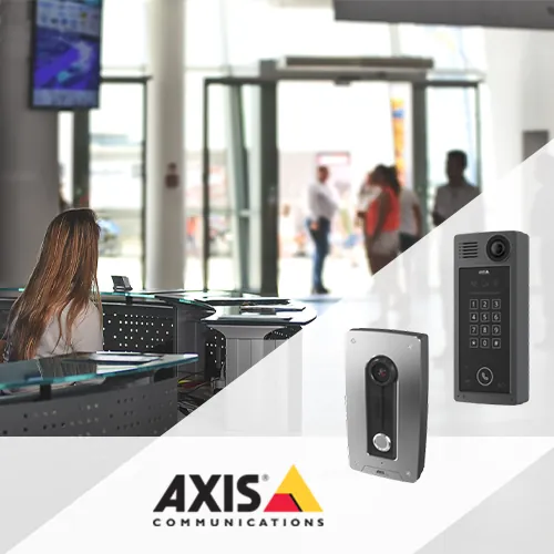 Axis access control reader at a commercial entrance